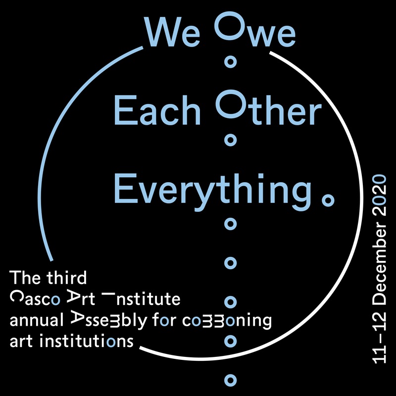 Image description: the words We Owe Each Other Everything are encapsulated by a broken circle and its O's, while tilted, form a vertical line with smaller circles, while the official naming and date feature in the bottom corner.  Credit: 